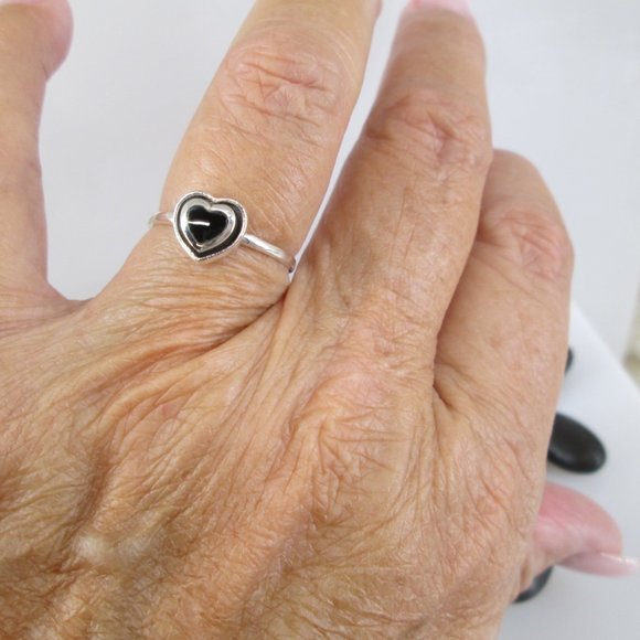 Dainty Heart Rings>Choice of Black Onyx or Blue Opal>925 Sterling Silver ring - Picture 3 of 6